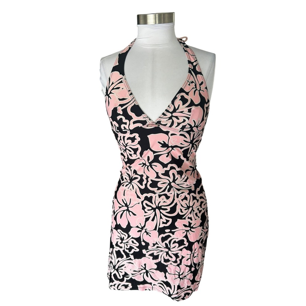 Vintage Y2K Surfer Girl Banana Moon Halter Dress Bathing Suit Medium Pink Black
